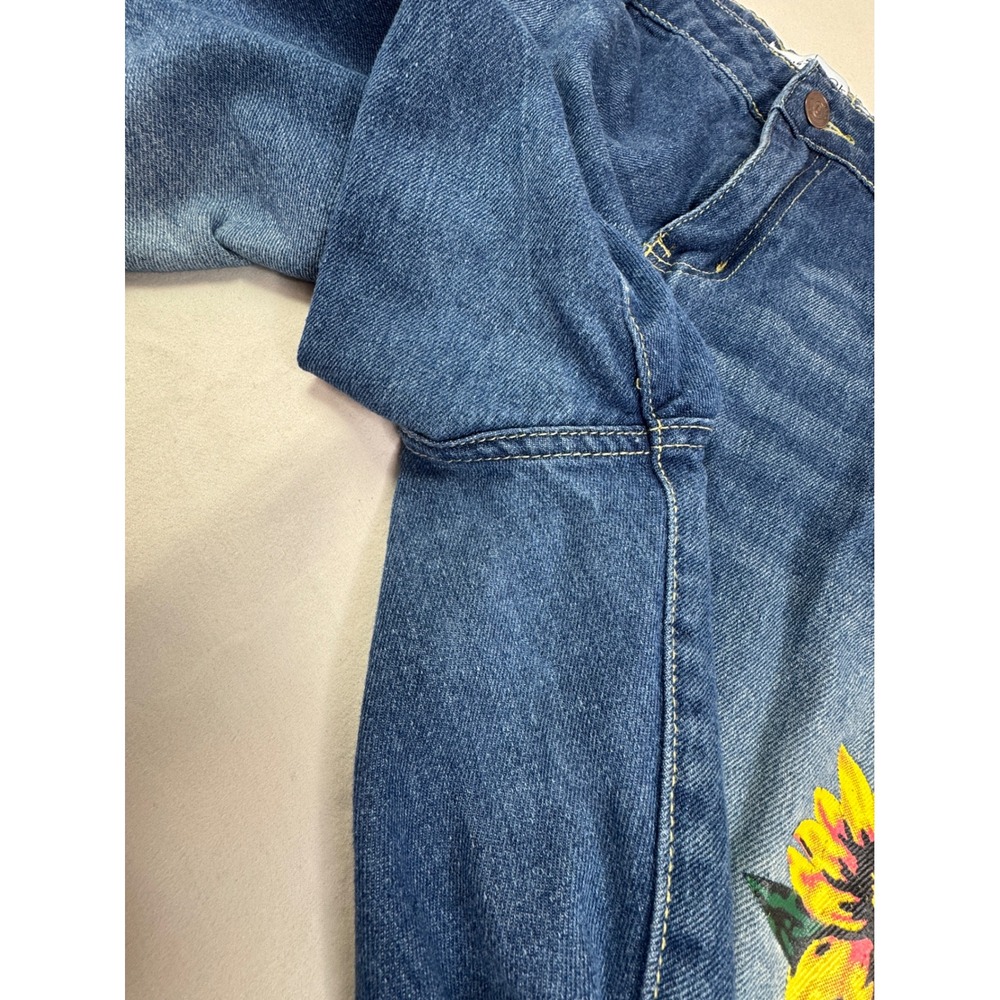 Misslook Sunflower Print Distressed Straight Leg Denim Jeans Blue 2XL boho art - Picture 8 of 14